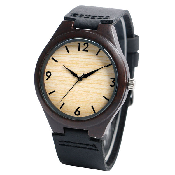 Casual Genuine Leather Band Strap Bamboo Handmade Bangle Wooden Wrist Watch Sport Nature Wood Ebony Quartz Men Women Gift