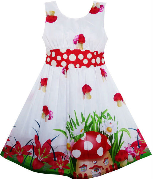 Sunny Fashion Girls Dress Mushroom Flower Grass Polka Dot Belt Red 2016 Summer Princess
