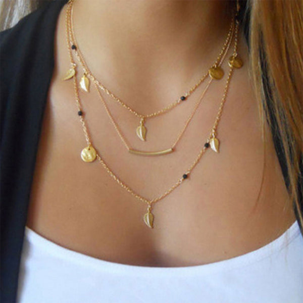 New gold silver chain beads leaves pendant necklace fashion jewelry multi layer necklaces