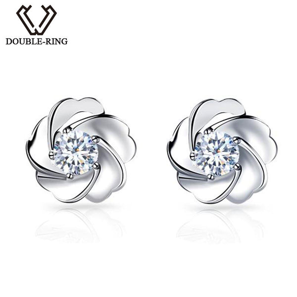 DOUBLE-R New Fine Jewelry 18K Flower Earrings White Gold 0.1ct Real Diamond Women stud Earrings