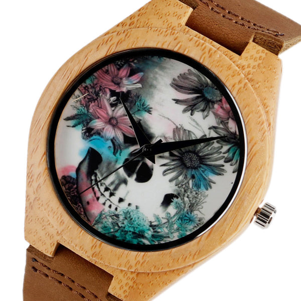 Women Watches Bracelet Bamboo Watch Ladies Cool Design Flower Skull Wooden Handmade