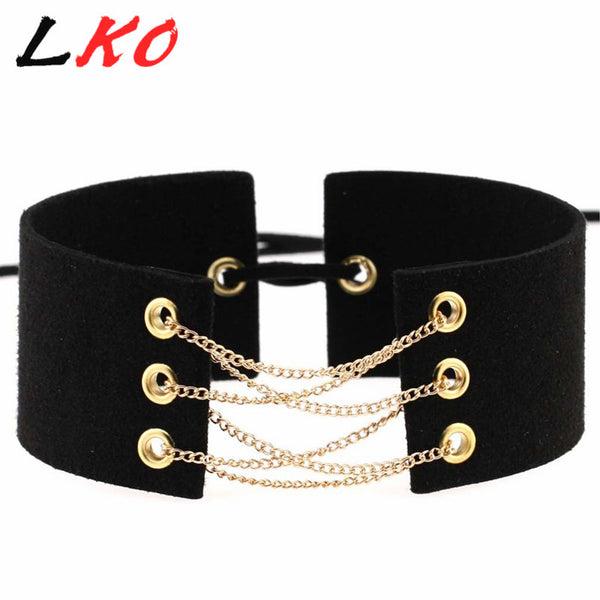 LKO New Arrival Gothic Velvet Leather Choker Necklace Sexy Wrap Tie Up Lace Up Chokers