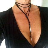 N2025 Black Suede Leather Cord Necklace Punk Rivet Fashion Long Bow Choker Statement Necklaces