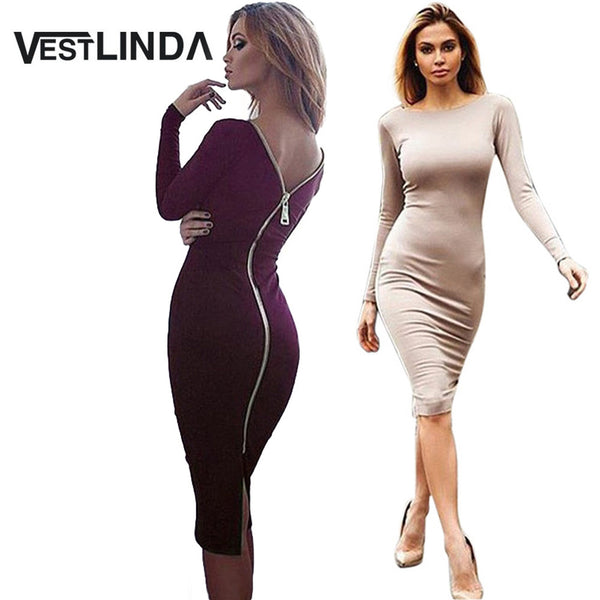 VESTLINDA Plus Size Robe Sexy Femme Midi Sheath Bodycon Dress Long Sleeve Elegant Dresses