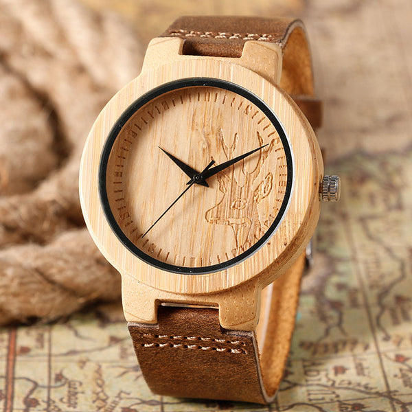 High Quality Handmade Moose Elk Deer Head Watches Natural Wooden Bamboo Clock