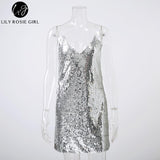 Deep V Neck Autumn Silver Sequined Backless Sexy Dress Women Off Shoulder Mini Dress