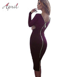 VESTLINDA Plus Size Robe Sexy Femme Midi Sheath Bodycon Dress Long Sleeve Elegant Dresses