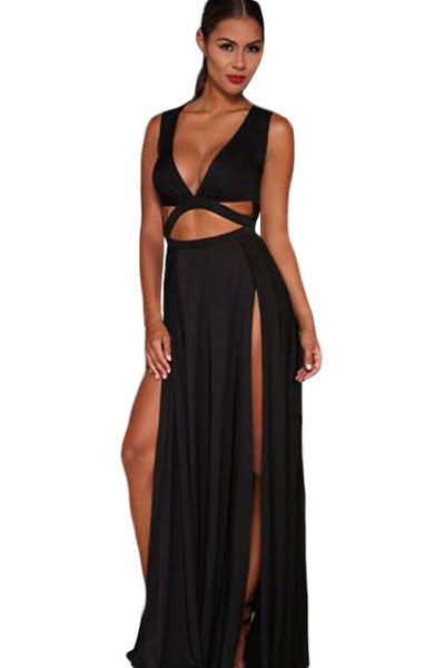 New Celebrity Cropped Deep V Neck Long Dress Women Sexy Two Side