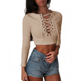 Nadafair Long Sleeve Laced Up Criss Cross Short T Shirt White Black Grey