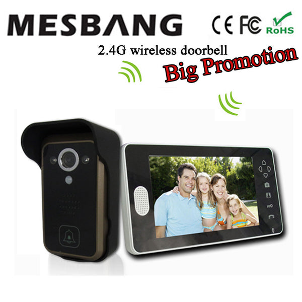 2017 hot new  black color 2.4G wireless video doorbell and wireless door phone intercom 7 inch monitor  easy to install