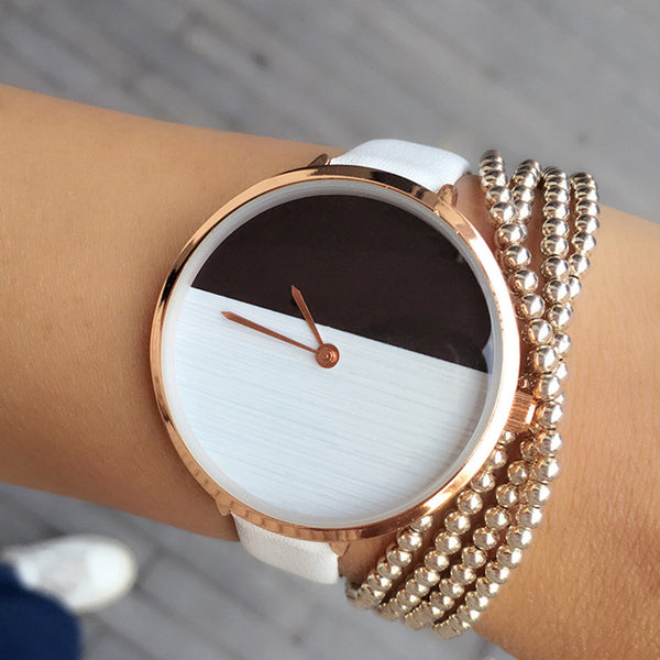 Simple Style Luxury Brand Women's Fashion Dress Watches Black White Dial Thin Belt Leather