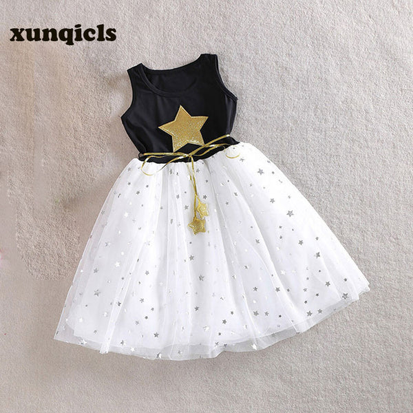 xunqicls 3-10Y Baby Girls Sequins Dress Star Printed with Belt Sleeveless Princess Party Kids Dresses