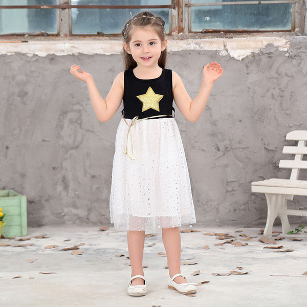 xunqicls 3-10Y Baby Girls Sequins Dress Star Printed with Belt Sleeveless Princess Party Kids Dresses