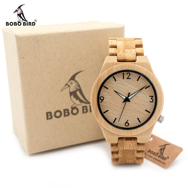 BOBO BIRD D27 Bamboo Wooden Watch for Men Unique Lug Design Top Brand Luxury Quartz Wood Band Night Green Pointer Wrist Watches