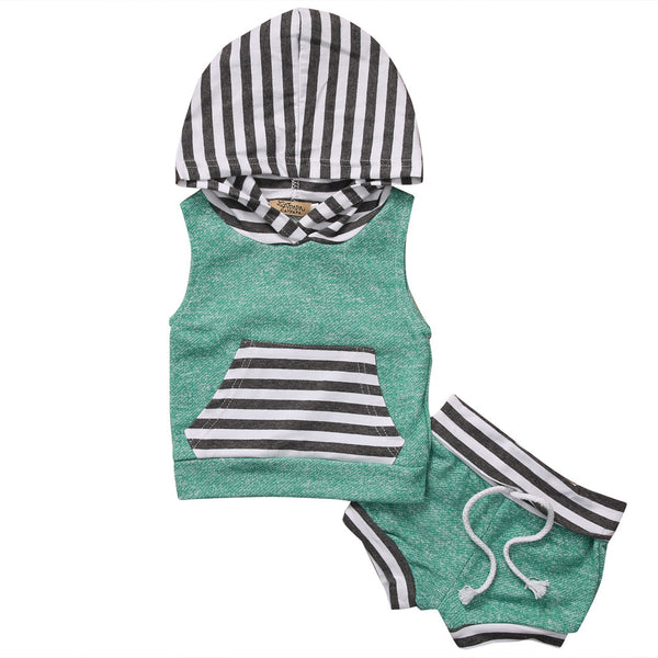 Newborn Baby Boy Girls Clothes Set Toddler Summer Casual Hooded Striped T-shirt Tops+Shorts