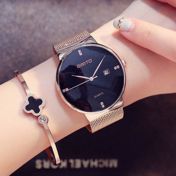 Luxury Fashion Lady Casual Watches Rose Gold Minimalism Rhinestone Simple Calendar Women Watches