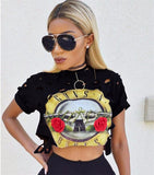 Sexy Hole Crop Top 2017 Print GUNS N ROSES T Shirt Women Top Tees Shirt