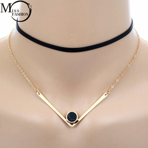 Minimalist Design Short Black Leather Necklace Punk Gold Color V Shaped Faux Stone