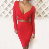 Nadafair Red Black White Long Sleeve Elastic Cotton Warm Party Dresses Vestidos Sexy Midi