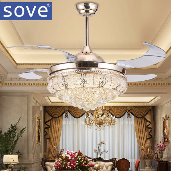 42 Inch Modern Led Ceiling Crystal Chandelier fan Lights Living Dining Room Folding Fan Lamp With Remote Control