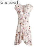 Glamaker Floral summer dress women Sexy boho deep v neck sundress casual dress Short sleeveless