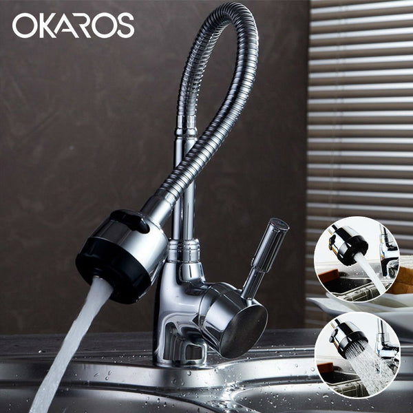 OKAROS Kitchen Faucet Sink Faucet Chrome Pull Down Tap Dual Sprayer Nozzle Cold&hot Water Mixer Bathroom