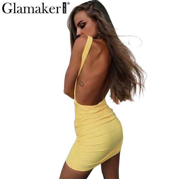 Glamaker Elegant backless summer dress women Slim short pencil dress Casual beach