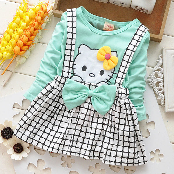 2017 Spring Summer KT Cat Baby Girl Dress Long Sleeve 1 Year Baby Birthday Dress Strap Plaid Infant Girl Dresses