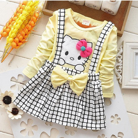 2017 Spring Summer KT Cat Baby Girl Dress Long Sleeve 1 Year Baby Birthday Dress Strap Plaid Infant Girl Dresses