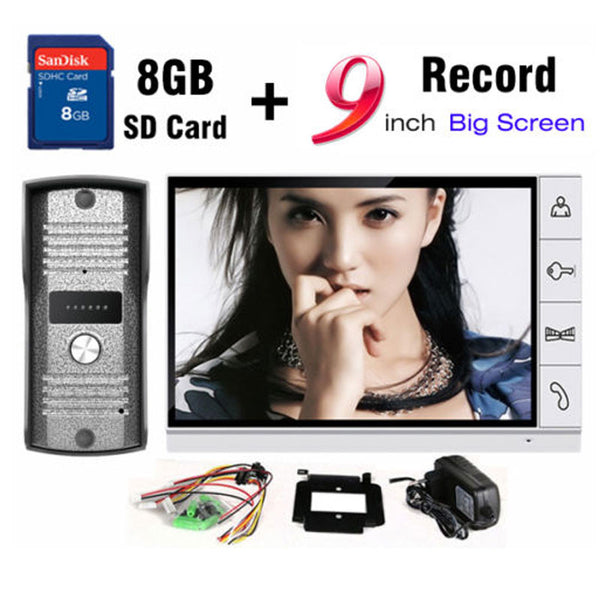 New 9 Inch Big Screen+8GB SD Card Video Record Door Phone Intercom System Outdoor waterproof Doorbell Camera