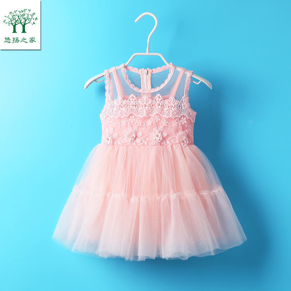 2017 New summer baby girls dress red pink 2t 3t 4t 5t  lace sleeveless fashion chiffon kids dress