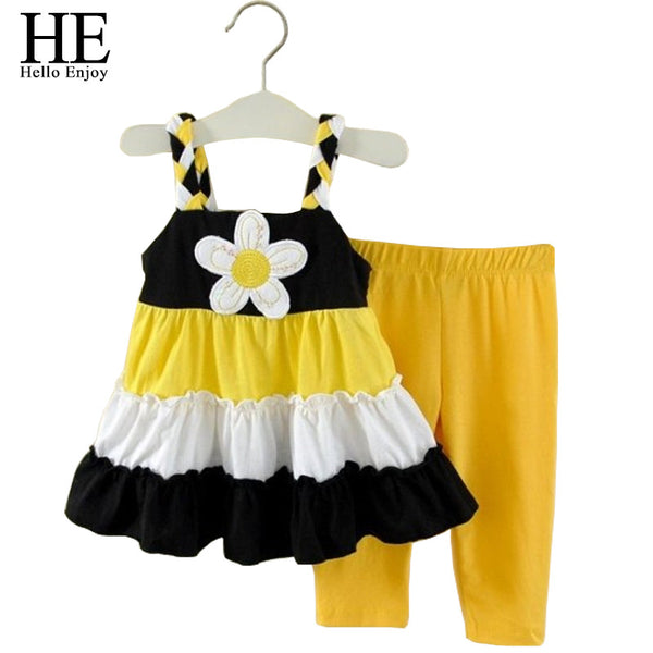 HE Hello Enjoy grils clothes baby girl clothes set summer Brand clothing kids sunflower dress + pants suit girls clothing sets